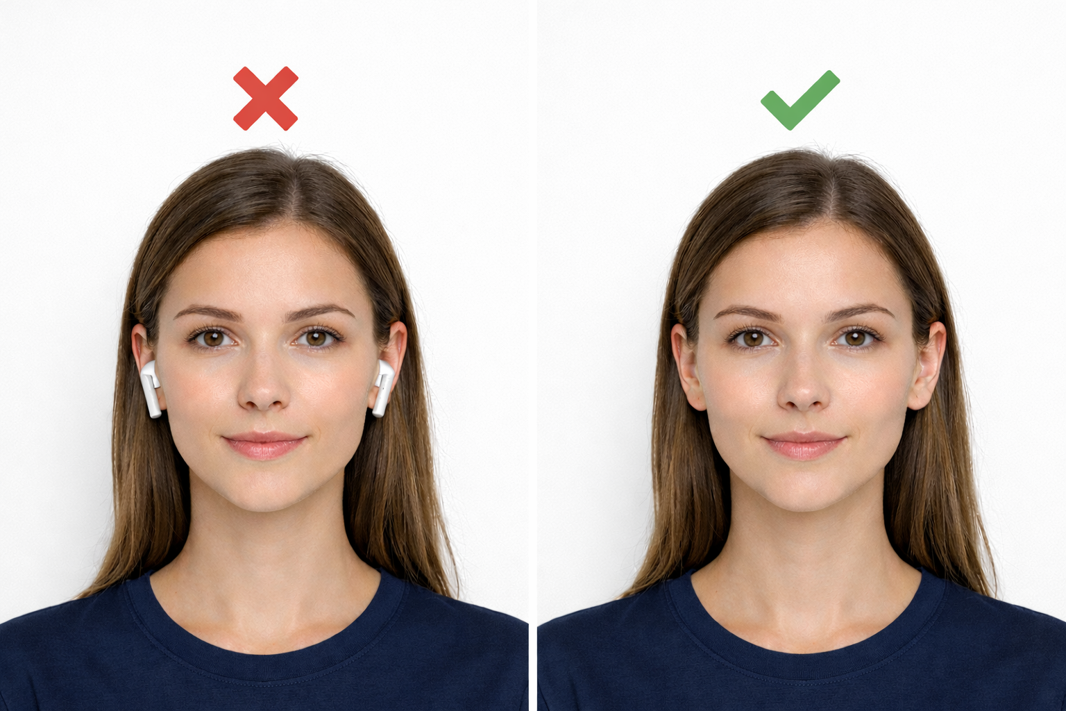 AirPods Not Allowed in Passport Photos – Example Side-by-side comparison showing an incorrect U.S. passport photo with AirPods (rejected) and a correct passport photo with ears visible and no earbuds. Demonstrates U.S. Department of State passport photo rules.