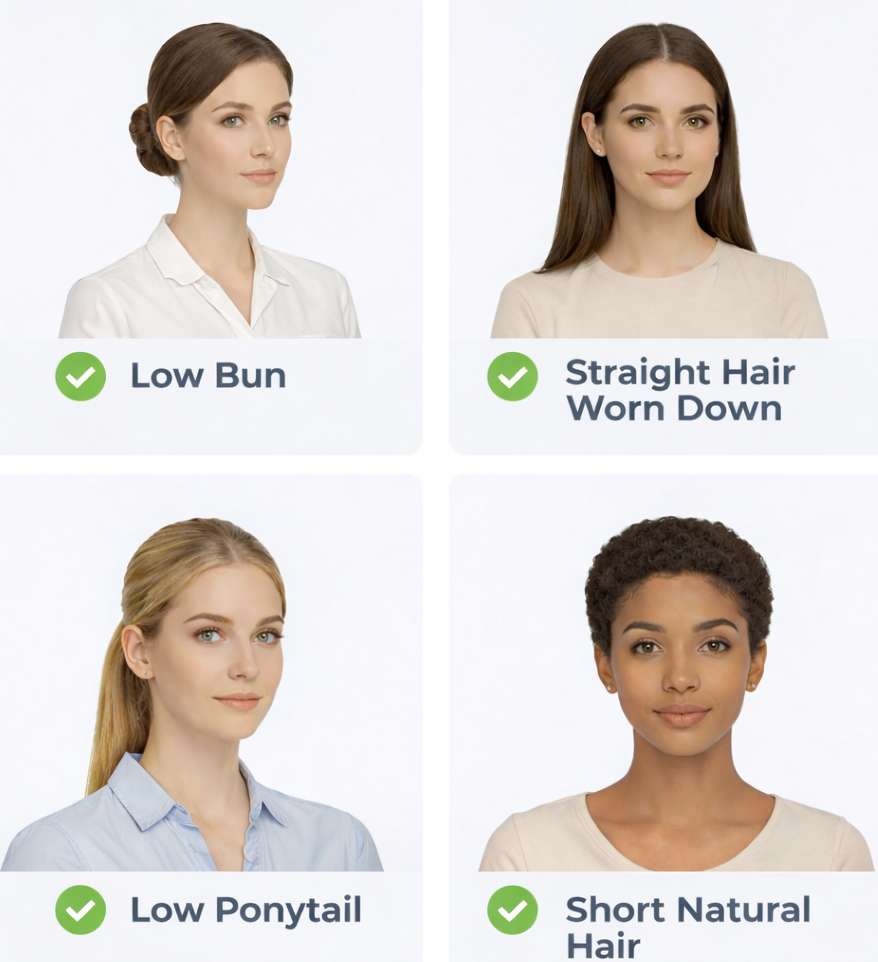 Best Hairstyles for Passport Photos 2026 (Approved) Infographic showing approved passport photo hairstyles for 2026, including low bun, straight hair worn down, low ponytail, and short natural hair, each marked with a green check for acceptance.