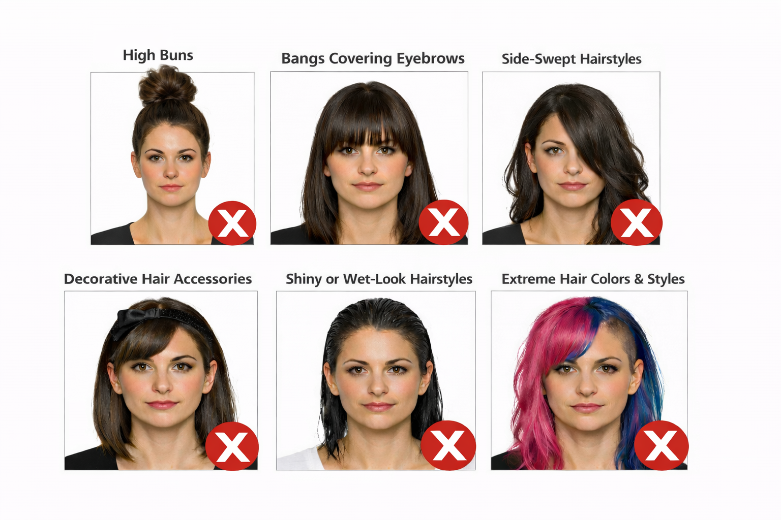 Hairstyles to Avoid in Passport Photos 2026 Grid of six passport-style photos showing hairstyles that cause passport photo rejection, including high buns, bangs covering eyebrows, side-swept hair, decorative accessories, wet-look styles, and extreme hair colors