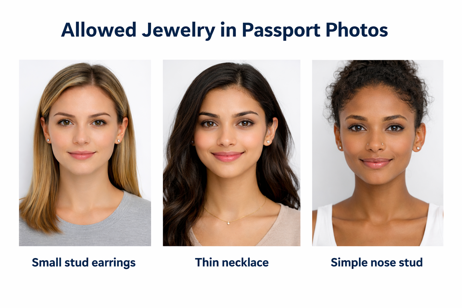 Allowed Jewelry in Passport Photos Passport-style photo examples showing small stud earrings, a thin necklace, and a simple nose stud that are allowed in passport photos under biometric rules.