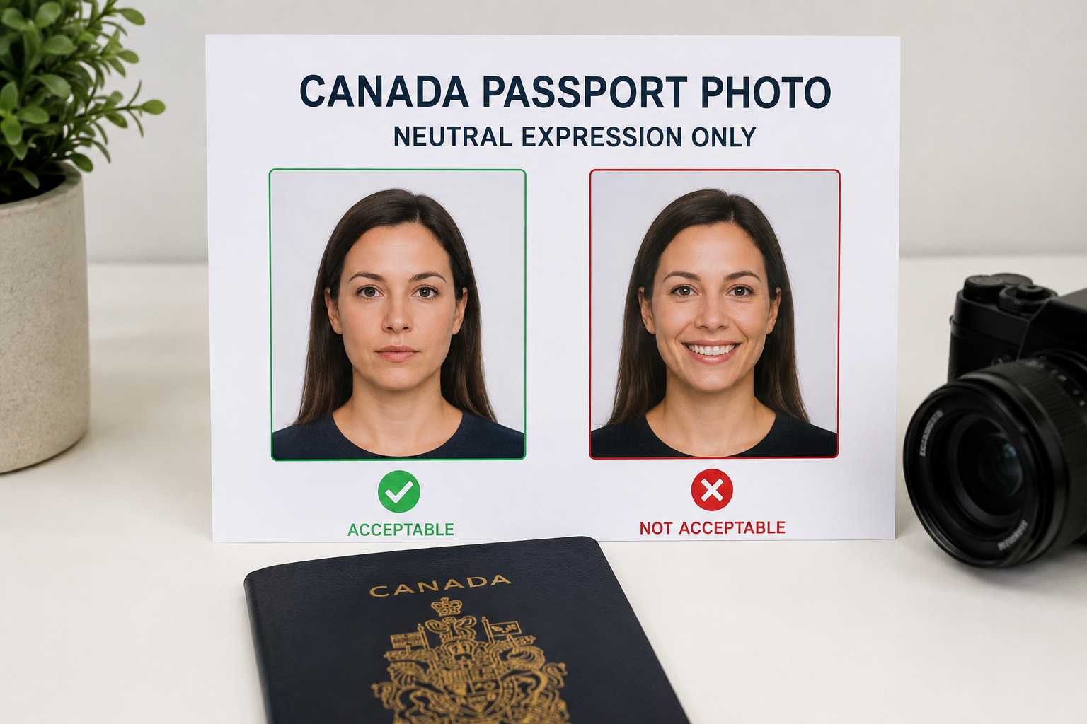 Canada passport photo guide showing acceptable neutral expression and unacceptable smiling, frowning, and eyes-closed examples.