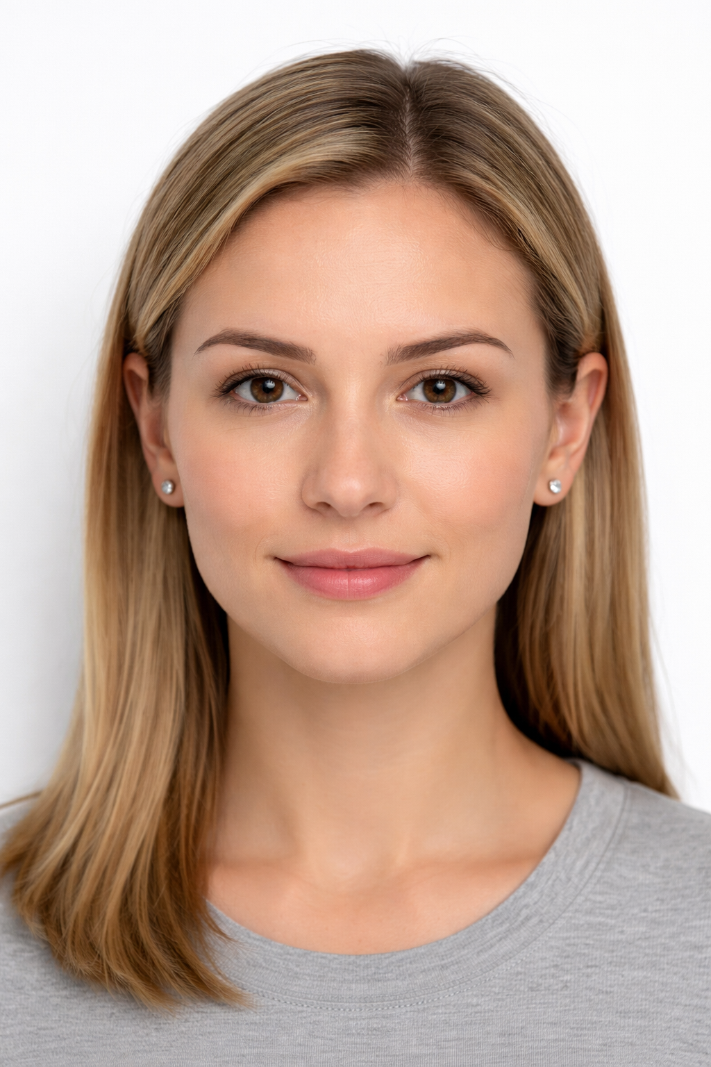 Example of Jewelry Allowed in Passport Photos Example passport photo demonstrating acceptable small earrings that meet biometric identification standards.