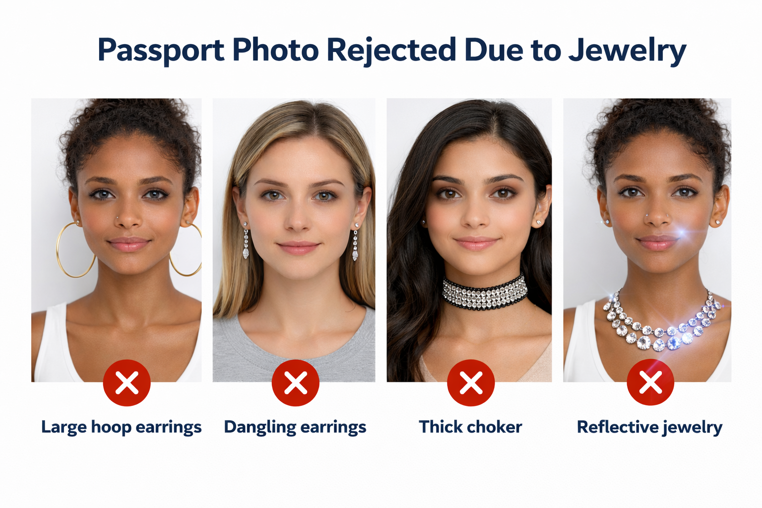 Passport Photo Rejected Due to Jewelry Examples of passport photos rejected because of large hoop earrings, dangling earrings, thick chokers, and reflective jewelry that block facial features or cause glare.