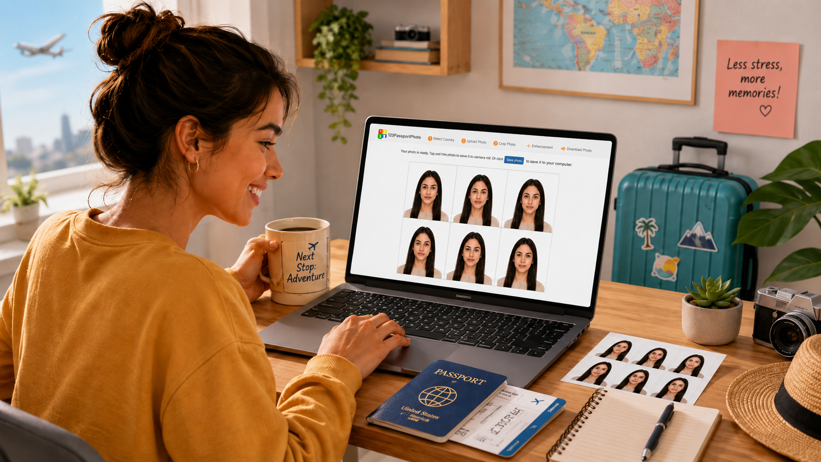 A traveler creates passport-size photos online using 123PassportPhoto, with a laptop showing a six-photo passport photo sheet, printed passport photos, a passport, boarding pass, and suitcase on a travel-themed desk.